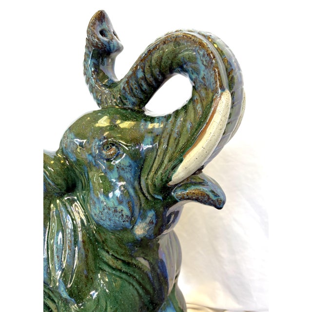 Mid 20th Century 1970's Hollywood Regency Large Green Glaze Ceramic Elephant Symbolizing Good Fortune and Positive Energy For Sale - Image 5 of 14