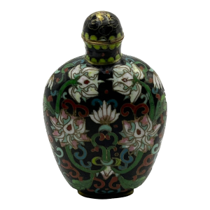 Vintage Black Cloisonne Snuff Bottle With Lotus Flowers