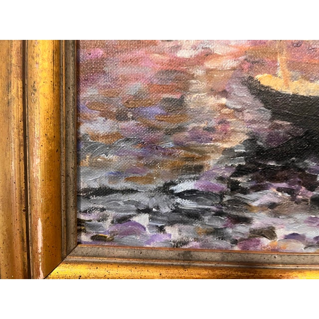 1970s Charming Oil Painting: Maritime Harbor Scene With Sailboats, on Canvas and Framed - Signed For Sale - Image 4 of 12