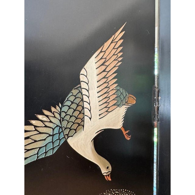 Black Vintage Chinese Four Panel Room Divider, Folding Screen With a Chinoiserie Pond Scene Painted on Both Sides For Sale - Image 8 of 9