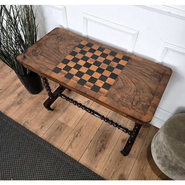 Antique Italian Walnut Burl Inlay Chess Games Side Table with Bobbin Turned Legs, 1890s For Sale - Image 6 of 9