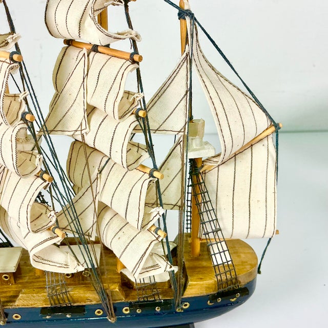 Mid-Century Nautical Coastal Boho Chic Wood Four Tall Mast Ship Model For Sale - Image 12 of 16