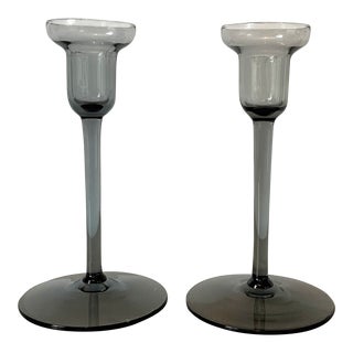 Vintage Mid-Century Smoke Glass Candle Stick Holders - a Pair For Sale