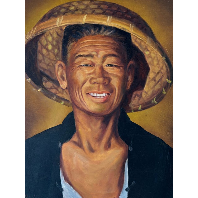 1970s 70's Vintage Oil Portrait Painting of Chinese Man With Hat For Sale - Image 5 of 11