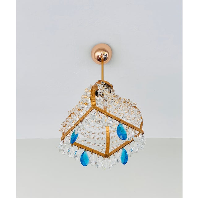 1970s Vintage French Empire Brass & Crystal Pendant Light With Aqua Blue Drops - Pair Restored For Sale - Image 5 of 18