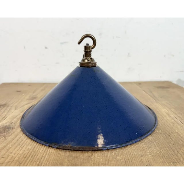 British Industrial Blue Enamel Factory Pendant Lamp, 1950s For Sale - Image 9 of 15