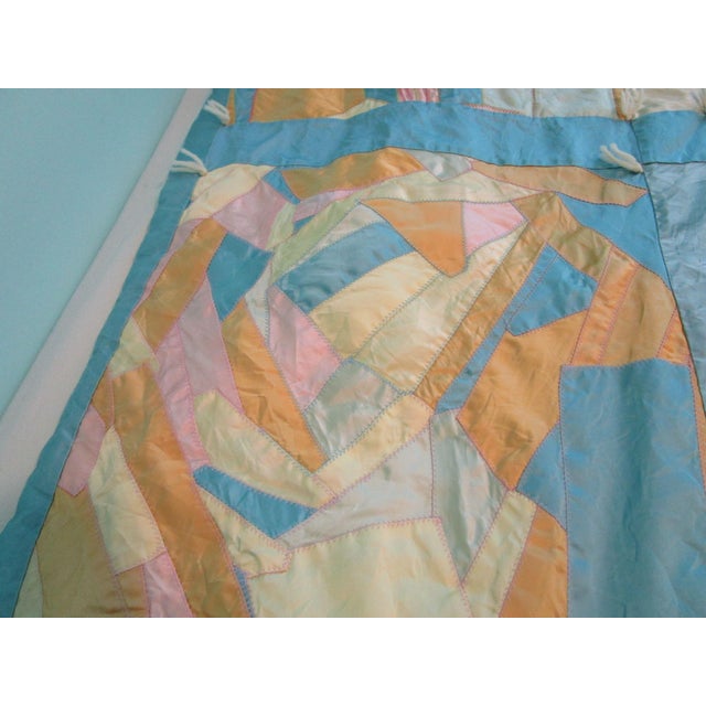 Vintage 60's Satin Crazy Quilt 15 Blocks Hand Tied Long Twin Percale Back Guc For Sale - Image 10 of 11