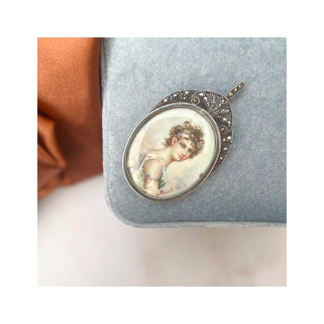 White Early 19th Century Portrait Miniature Marcasite Pendant For Sale - Image 8 of 9