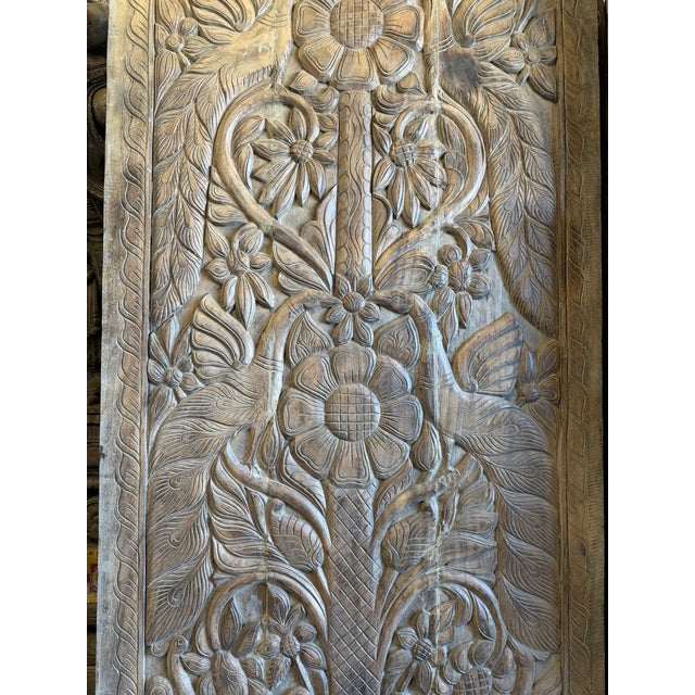 Mid-Century Modern Vintage Hand-Carved Tree of Life Barn Door – Rustic Reclaimed Wood Statement Sliding Door 84x36 For Sale - Image 3 of 6