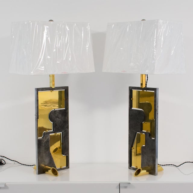 Metal Pair of Industrial Brutalist Brass and Steel Table Lamp, Circa 1980 For Sale - Image 7 of 12