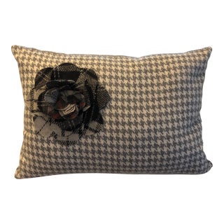 Custom Wool Houndstooth Pillow With Floral Appliqué For Sale
