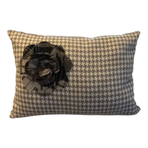 Custom Wool Houndstooth Pillow With Floral Appliqué