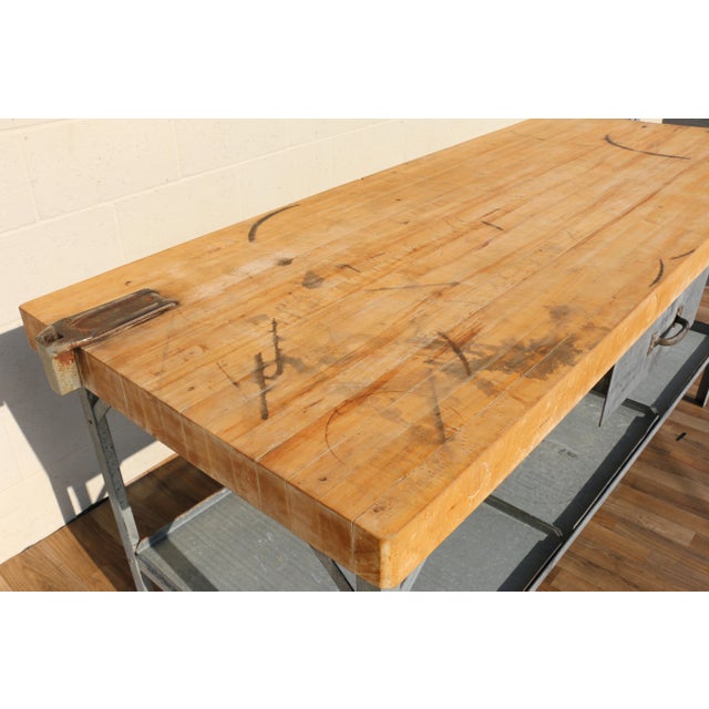 1950s Industrial Butcher Block Workstation Table With Steel Frame, Drawer & Removable Galvanized Trays For Sale - Image 9 of 18