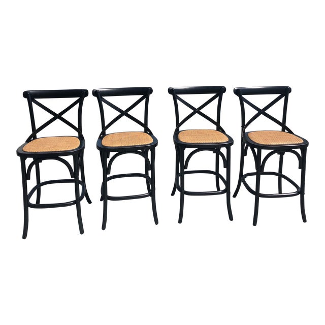 Furniture Classics Black and Rattan Bentwood Counter Stools - Set of 4 For Sale