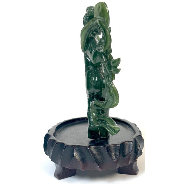 Chinese Spinach Nephrite Jade Immortal with Lotus, Mid-20th Century For Sale - Image 11 of 12