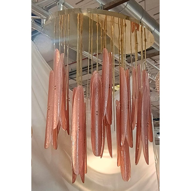 Red Mid-Century Murano Oval Pink Art Glass and Brass Chandelier For Sale - Image 8 of 8