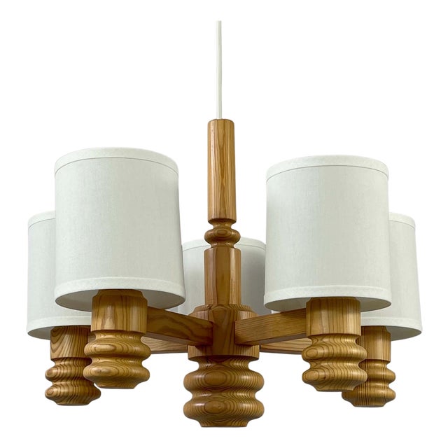 Scandinavian Pine & Fabric 5-Light Chandelier, Sweden, 1970s For Sale