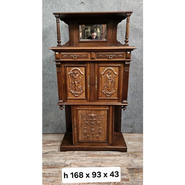 Wood Antique Carved Walnut Cabinet with Terracotta Panels For Sale - Image 7 of 14