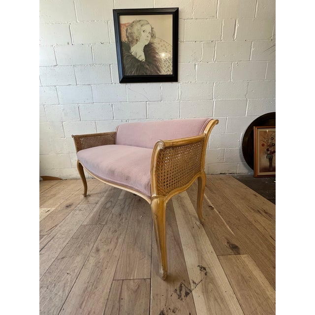 1960s Hollywood Regency Louis XV Style Washed Caned Loveseat Serpentine Frame For Sale - Image 5 of 11