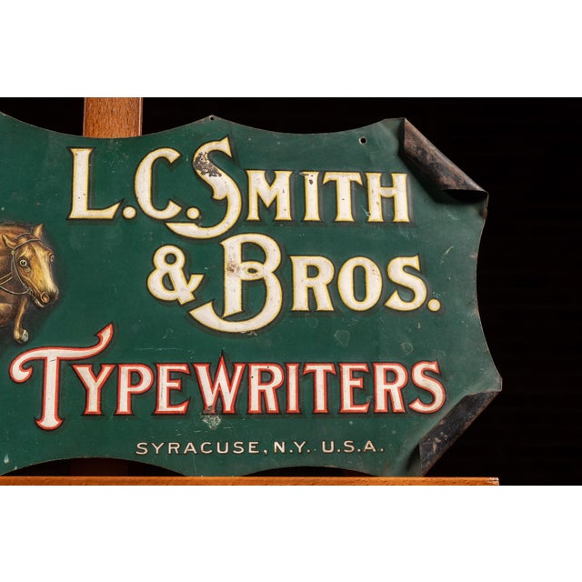 American Antique L. C. Smith Typewriters Self-Framed Tin Litho Sign For Sale - Image 3 of 7