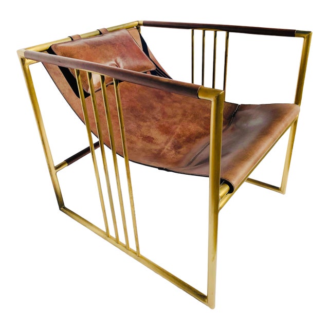 Baker Modern Dark Rustic Brown Leather Sling Chair For Sale