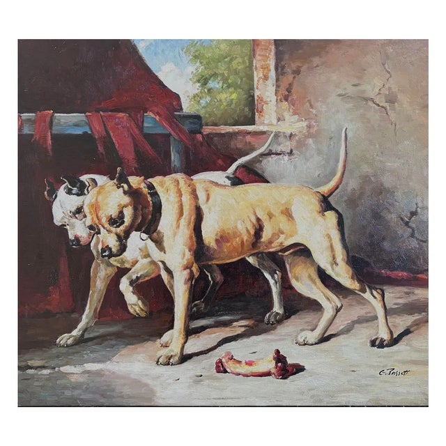Mid-20th Century Signed C. Tassett - Two Dogs in an Interior, Oil on Canvas For Sale