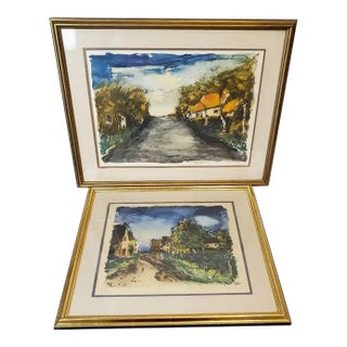 Mid 20th Century Pair of Maurice De Vlaminck Limited Edition Village Road Prints — Framed, Numbered, Vintage French Editions For Sale