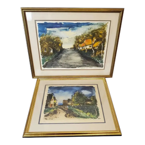 Mid 20th Century Pair of Maurice De Vlaminck Limited Edition Village Road Prints — Framed, Numbered, Vintage French Editions
