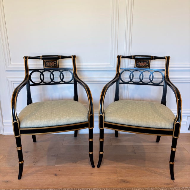 - High Quality - Heavy Nice Pair of Accent Chairs - Soft Green Satin Cross Stitch Pattern Seat - Regency Style Gold...