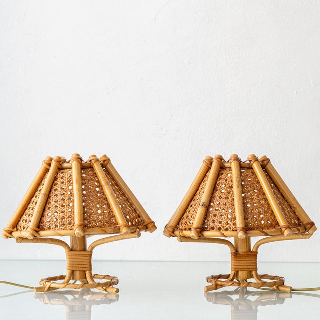 Brown Vintage French Riviera Rattan Table Lamps in the style of Louis Sognot, 1960s, Set of 2 For Sale - Image 8 of 12