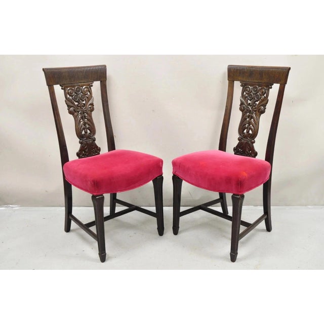 Antique Edwardian Floral Carved Mahogany Red Mohair Dining Chairs - Set of 4. Item features solid wood frames, floral...