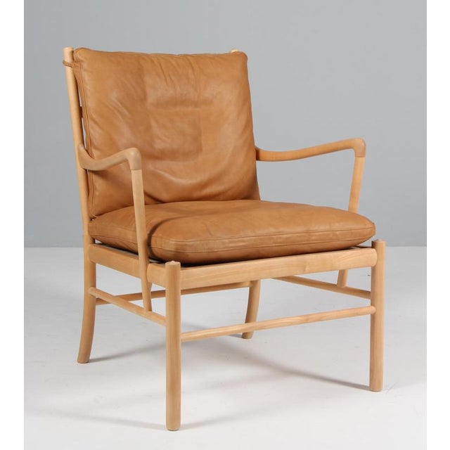 Ole Wanscher lounge chair new upholstered with cognac vintage aniline leather. Made in ash. Model PJ 149 colonial chair,...