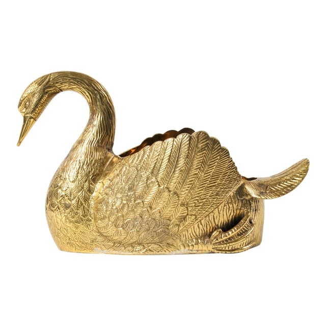 Vintage Hollywood Regency Large Brass Swan Planter Pot For Sale