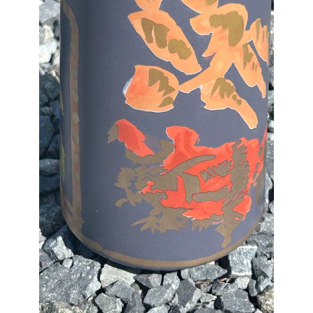 Beautiful Rosenthal vase having grey background and abstract decoration in orange, pale yellow, blue and green. CT