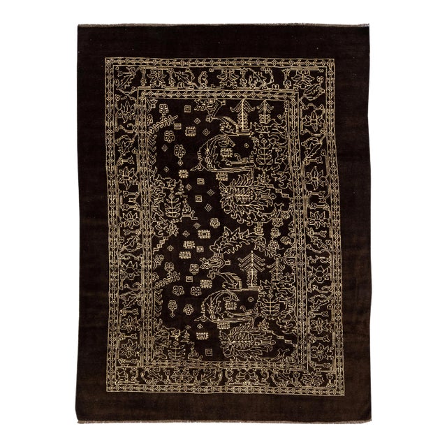 Transitional Handmade Allover Motif Brown Wool Rug For Sale