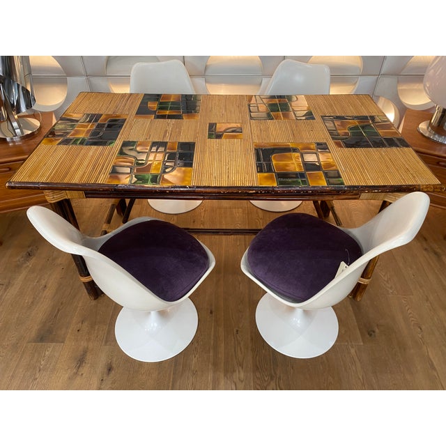 Brown Dining Table in Stained Rattan, Bamboo and Ceramic by Adrien Audoux and Frida Minet, 1950s For Sale - Image 8 of 13