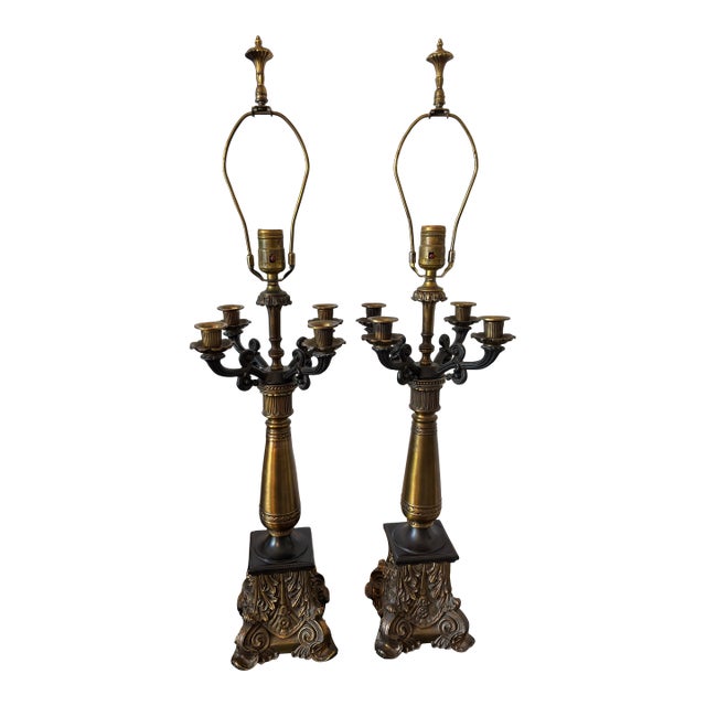 Pair of Vintage Neoclassical Four-Arm Candelabra Table Lamps For Sale