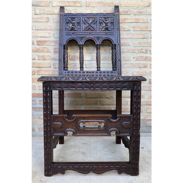 Set of Early 20th Century Spanish Carved Chairs with Wood Seat, 1890s For Sale - Image 11 of 15