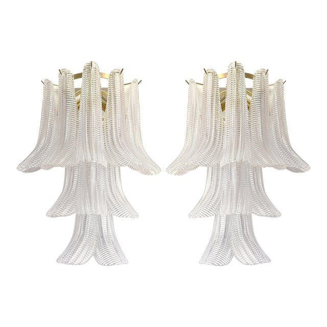 Contemporary Diamanted Transparent “Selle-Petali ” Murano Glass Wall Sconce in Mazzega Style-Set of Two For Sale