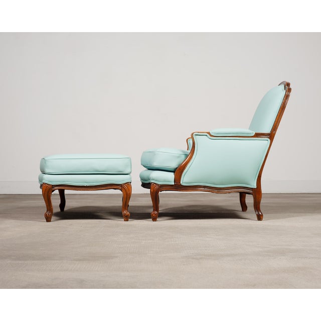 Wood Louis XV Style Bergère Lounge Chair in Tiffany Blue + Ottoman For Sale - Image 7 of 18