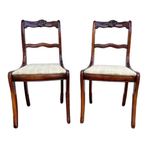 Early 20th Century Pair Antique Duncan Phyfe Style Mahogany Carved Rose Back Side Chairs.