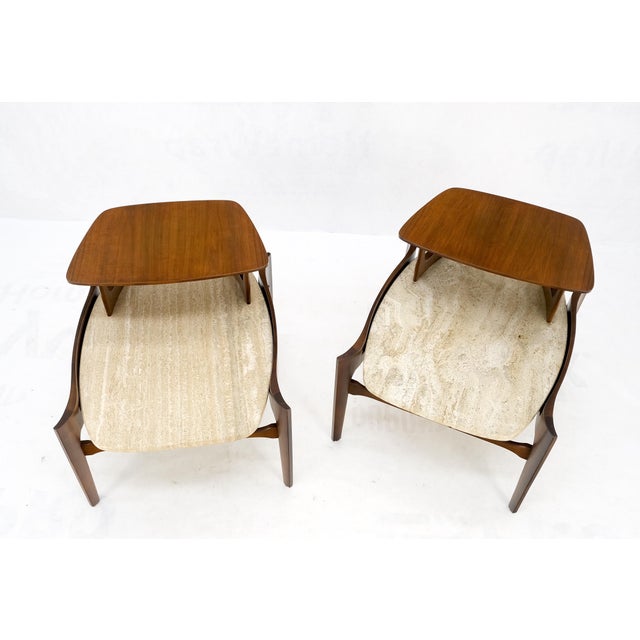 Pair Sculptural 1970s Walnut Travertine Tops Step Side End Tables Singer Sons For Sale - Image 14 of 18