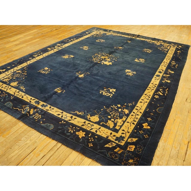 1900s Floral Deco Blue Navy Antique Chinese Peking Room Size Knotted Wool Rug For Sale In New York - Image 6 of 11
