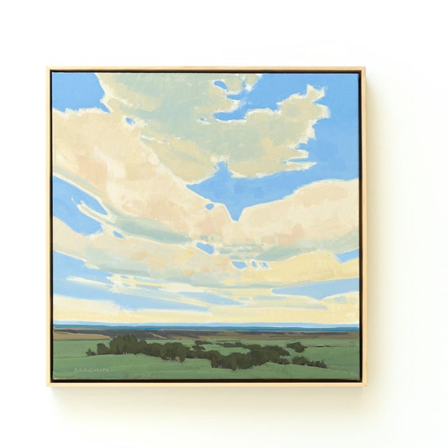 The artwork captures a vast landscape under a sweeping sky, where soft, billowing clouds stretch across a serene blue...