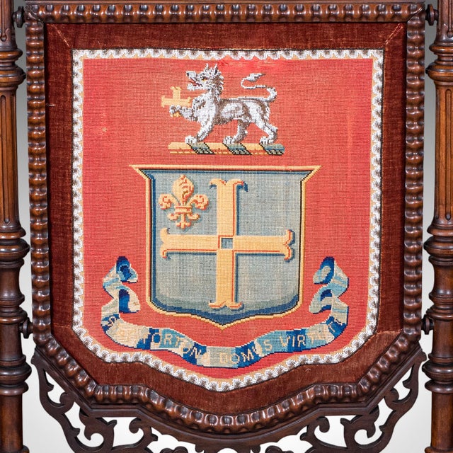 Wood Antique Armorial Embroidered Panel Screen, Irish, Walnut, Needlepoint, Victorian For Sale - Image 7 of 12