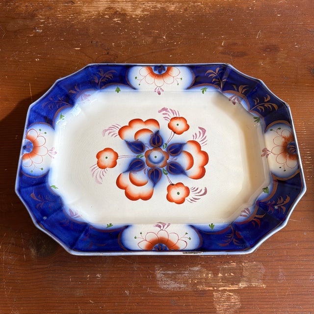 Antique Gaudy Welsh Crescent Pinwheel Flow Blue Large Platter, Circa 1840s For Sale - Image 12 of 12