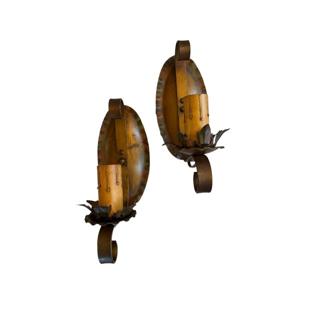 Metal Circa 1920’s Pair of Polychrome Painted Botanical Wall Sconces For Sale - Image 7 of 8