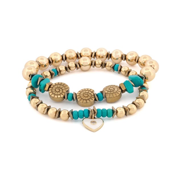 Turquoise Inner Peace Turquoise & Heart Charm Gold Bracelet Set For Sale - Image 8 of 8