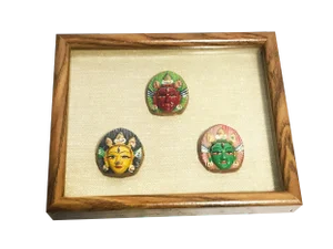 Vintage Mid-Century Hand Painted Shiva Third Eye Sculptures Framed in Shadow Box