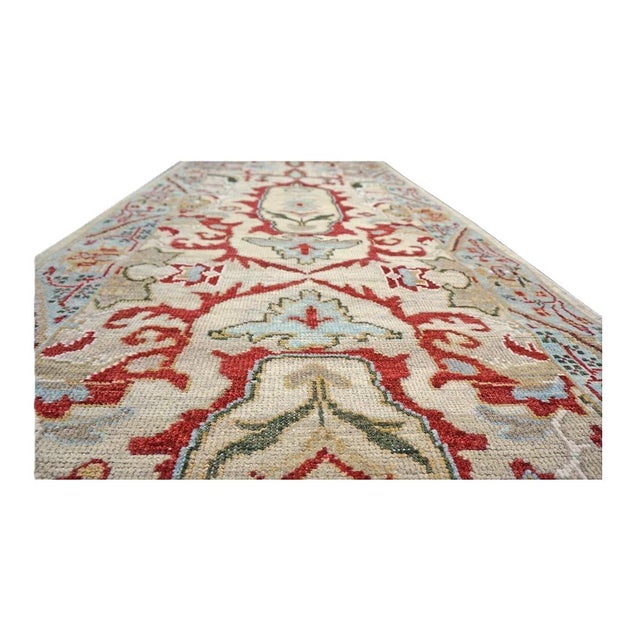 Early 21st Century 21st Century Afghan Sultanabad 3x10 Tan, Red & Light Blue Handmade Runner Rug #1144042 For Sale - Image 5 of 7
